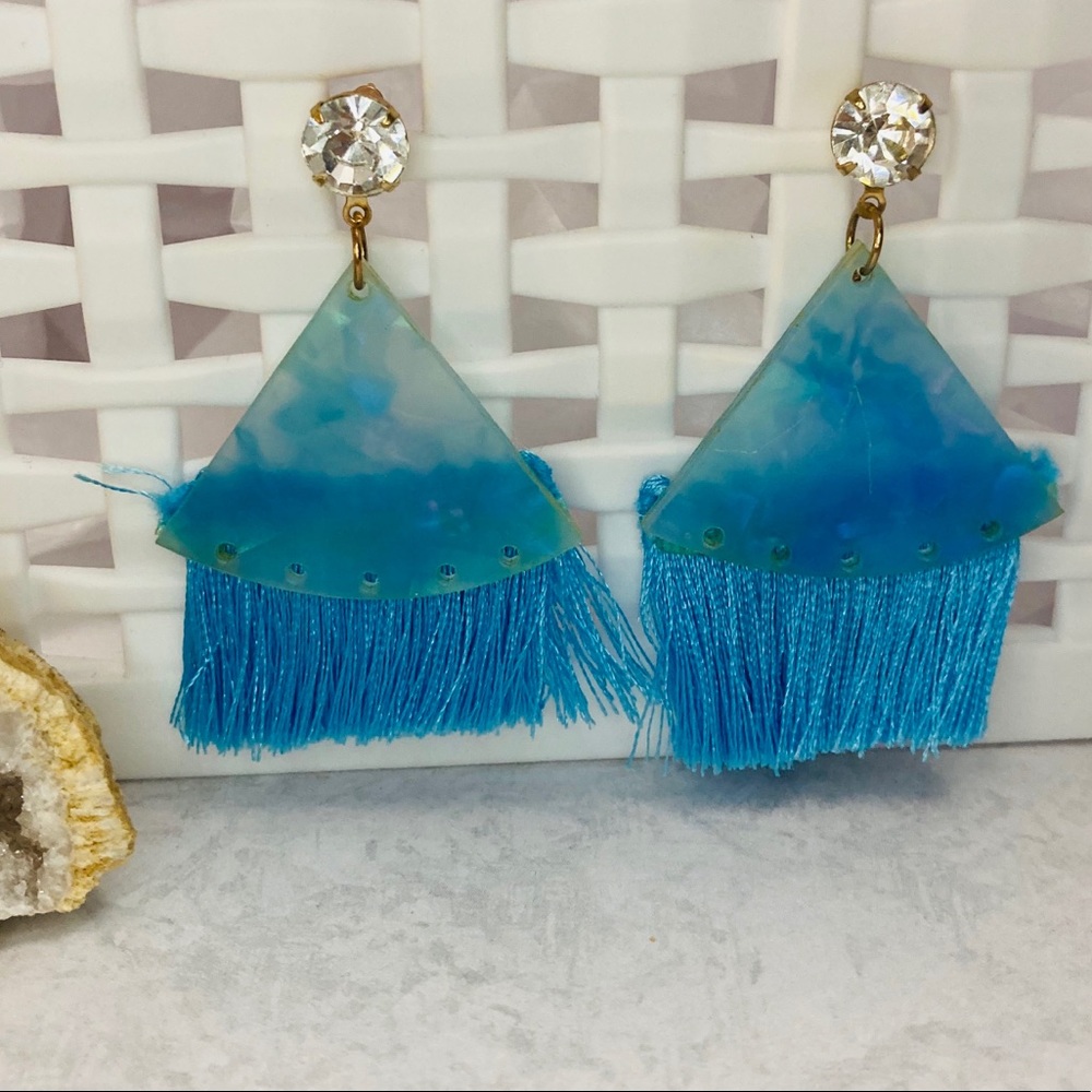 Blue Acrylic Triangle Fringe tassel earrings